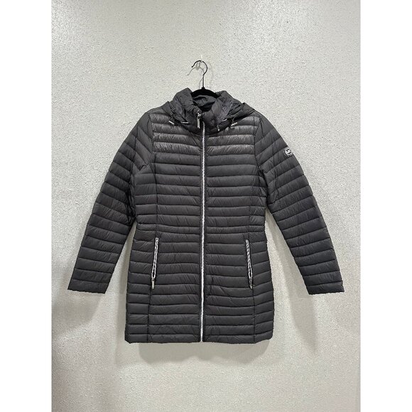 Michael Kors Women’s M Black Hooded Puffer Coat Longline Winter Jacket - Picture 1 of 5